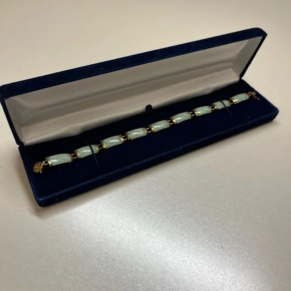 10K Yellow Gold Natural Green Jade Panel Link Bracelet 7” 11.5g Estate 16mm - Picture 12 of 12